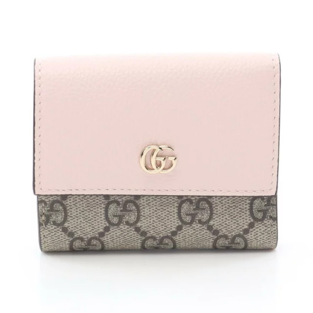 Gucci Double G Bicolor Wallet GG Supreme Tri fold Leather Beige Cream Pink
